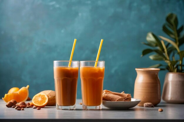 Zdjęcie obraz reklamowy szklanka z zimną kawą na stole kawa z pomarańczem pyszna zimna