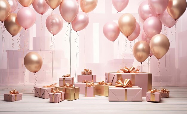 obraz różowych i złotych balonów i pudełek podarunkowych w stylu realizmu z surrealistycznym elementem