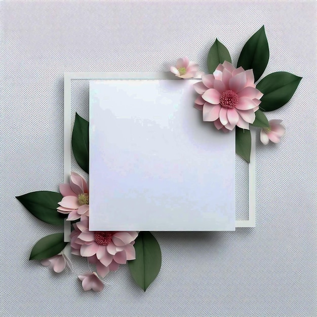 Obraz różowych kwiatów i zielonego liścia na białej ramce z przezroczystym tłem
