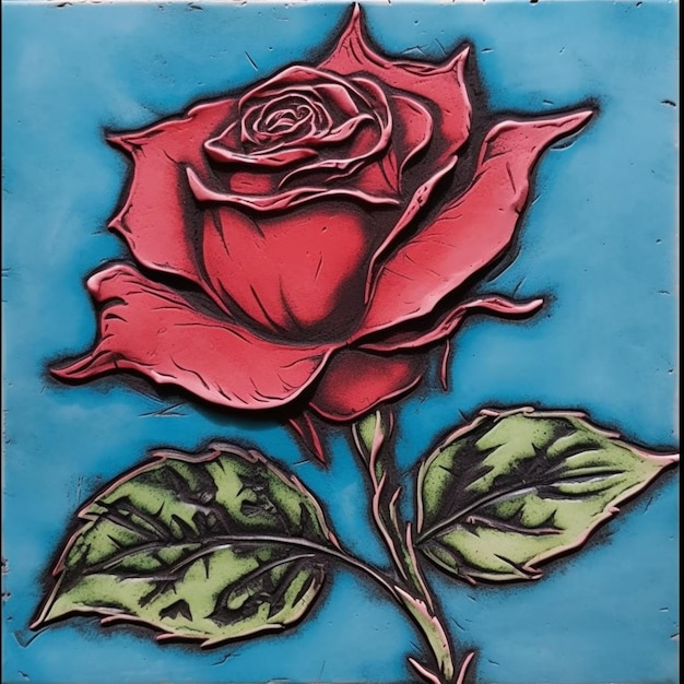 Obraz róży na niebieskim tle z zielonymi liśćmi generatywny ai