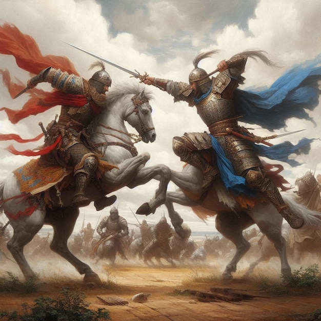 obraz rycerza na koniu z mieczem i tarczą