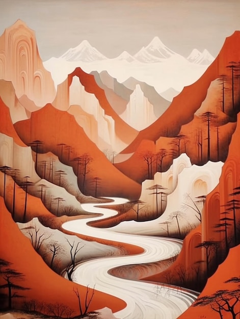 Obraz rzeki biegnącej przez dolinę z górami w tle generatywny ai