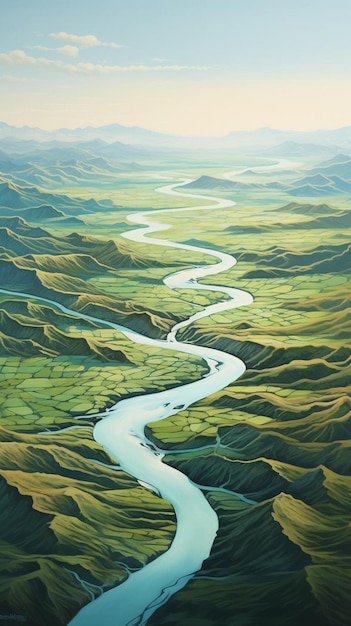 Obraz rzeki biegnącej przez dolinę.