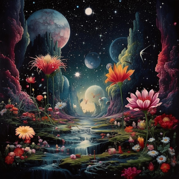 Obraz rzeki otoczonej kwiatami i księżycem.