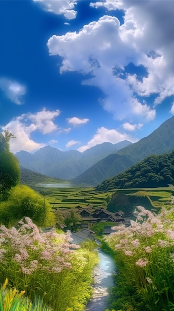 obraz rzeki płynącej przez bujną zieloną dolinę z górami w tle generatywną ai