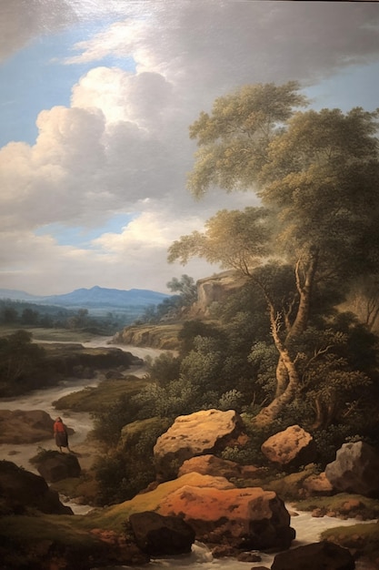 obraz rzeki z człowiekiem i koniem w oddali generatywny ai
