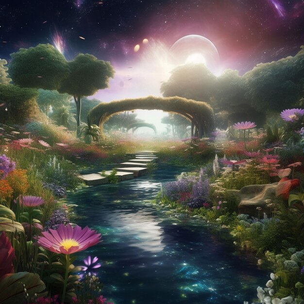 Obraz rzeki z fioletowym księżycem i mostem z fioletowym księżycem w tle.