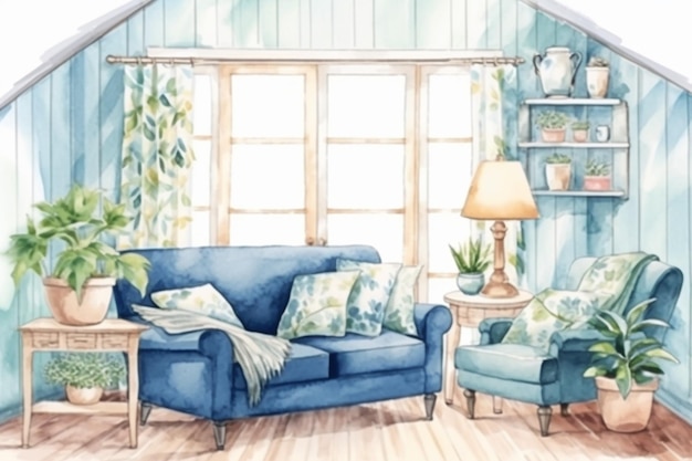 Obraz salonu z niebieską kanapą i niebieskim krzesłem generatywny ai