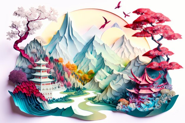 Obraz sceny górskiej z pagodą i rzeką na pierwszym planie Generacyjna sztuczna inteligencja