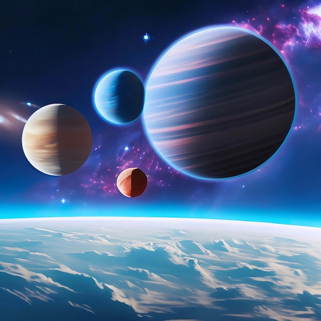 Obraz sceny kosmicznej z planetami na pierwszym planie i gwiazdami w tle