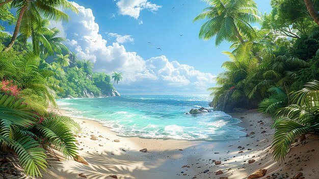 obraz sceny plażowej z drzewem palmowym i oceanem na tle