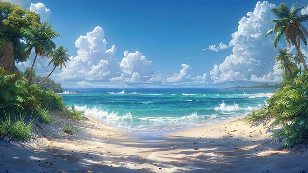 obraz sceny plażowej z oceanem i chmurami na niebie