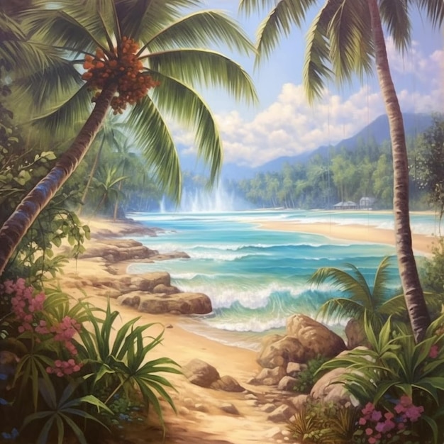 obraz sceny plażowej z sceną plażową i palmami.