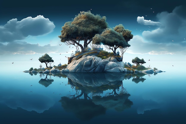 Obraz skalnej wyspy z drzewami.