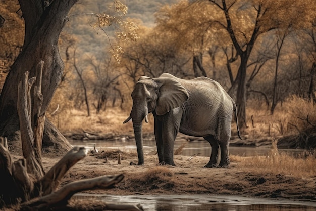 Obraz słonia nad rzeką Generative AI