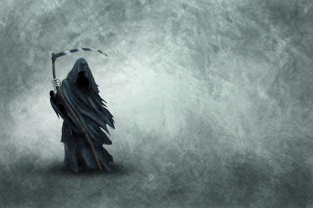 Obraz śmierci w czarnych ubraniach z kosą w rękach czarny kaptur Ponury żniwiarz we mgle Depresja przygnębienie strach strach mistycyzm Ilustracja 3D Renderowanie 3D