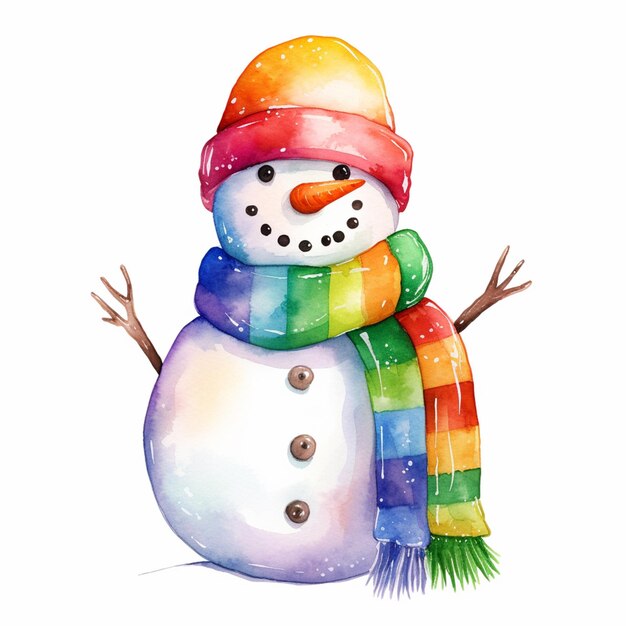 obraz śnieżaka w kolorowym szalu i kapeluszu generatywny ai
