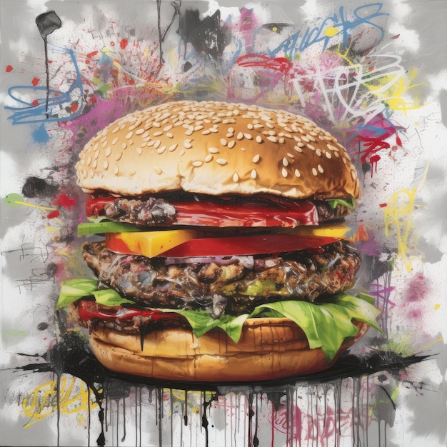 Obraz soczystego burgera z abstrakcyjnym tłem