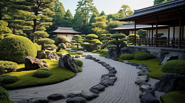 Obraz spokojnego ogrodu w stylu japońskim z pięknymi drzewami bonsai i kamienistymi ścieżkami