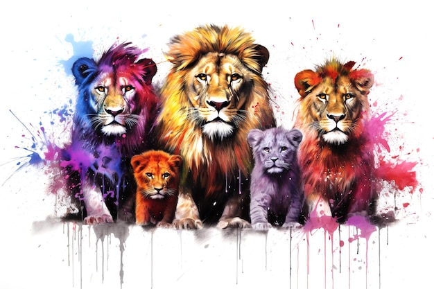 Obraz stada kolorowych lwów na białym tle Zwierzęta dzikiej przyrody Generatywna ilustracja AI