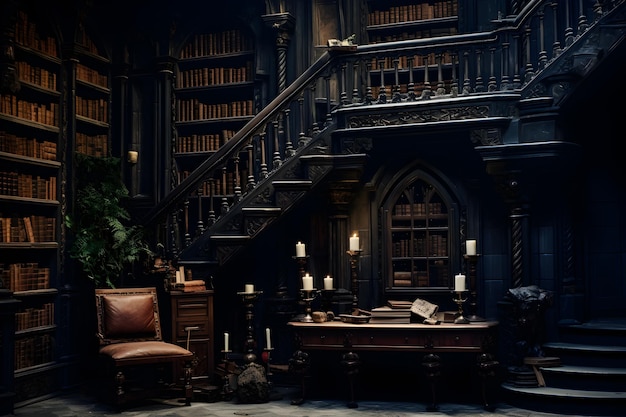 obraz starej biblioteki w ciemnym miejscu w stylu bogatych w teksturę warstw