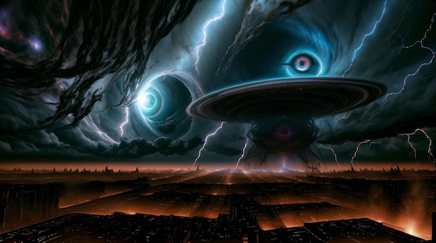 Zdjęcie obraz statku kosmicznego latającego nad miastem w nocy z piorunem pochodzącym z nieba i dużym