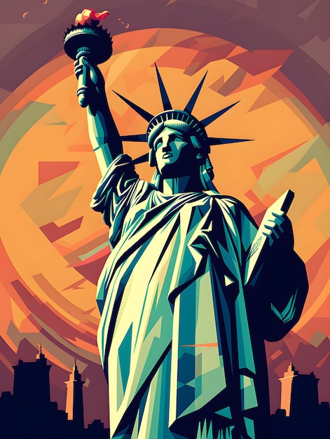 Obraz Statuy Wolności z zachodem słońca w tle.