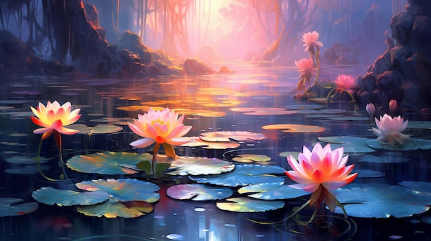 Obraz stawu z liliami wodnymi i kobietą w tle.