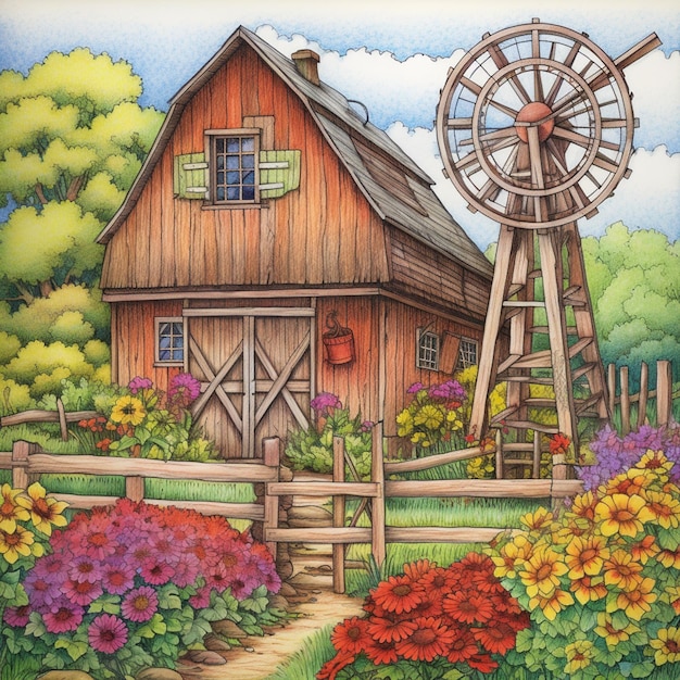 Zdjęcie obraz stodoły z młynem wiatrowym i kwiatami na pierwszym planie