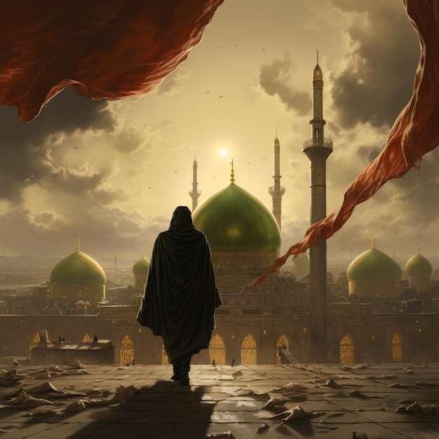 obraz stojącego meczetu mężczyzny przed nim żywe kolory
