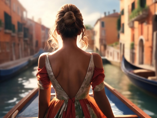 Obraz stojącej dziewczyny w wielkim kanale w Wenecji Włochy akwarela tapety budynki rzeka kobieta