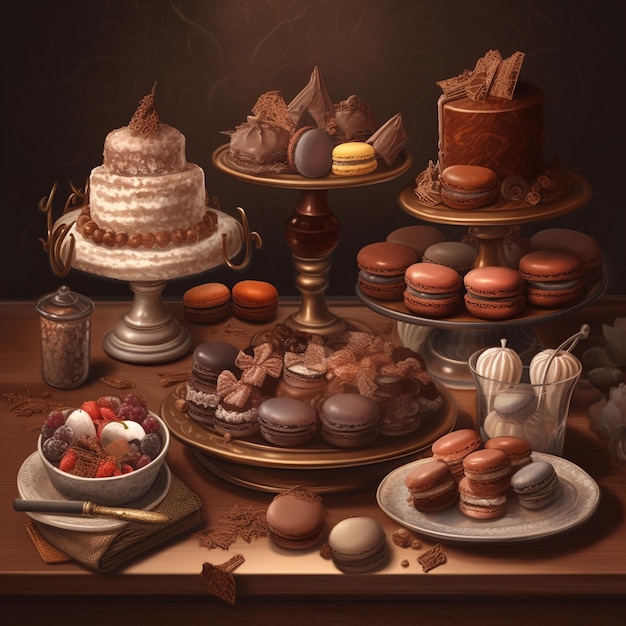 Obraz stołu z ciastem i innymi deserami na nim.