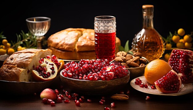 Obraz świątecznego stołu Rosz ha-Szana z tradycyjnymi potrawami reprezentującymi słodycz i abudan