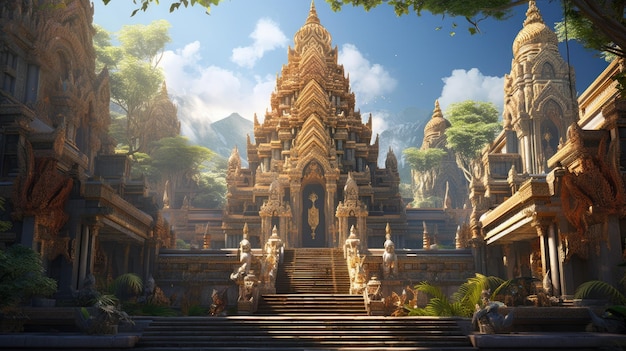 obraz świątyni na tle gór i drzew.