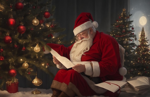 Obraz Świętego Mikołaja czytającego list z choinką w tle