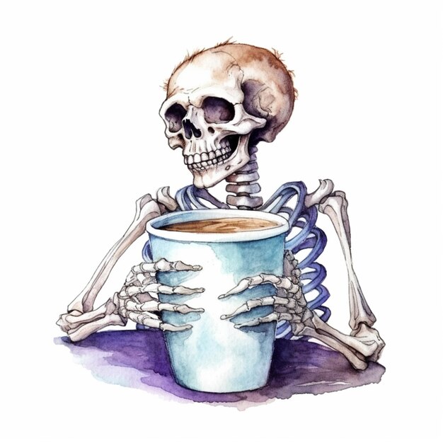 Zdjęcie obraz szkieletu trzymającego filiżankę kawy generatywnej ai