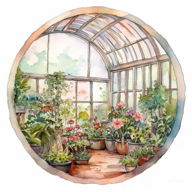 Obraz szklarni z roślinami w doniczkach i oknem generatywnym ai