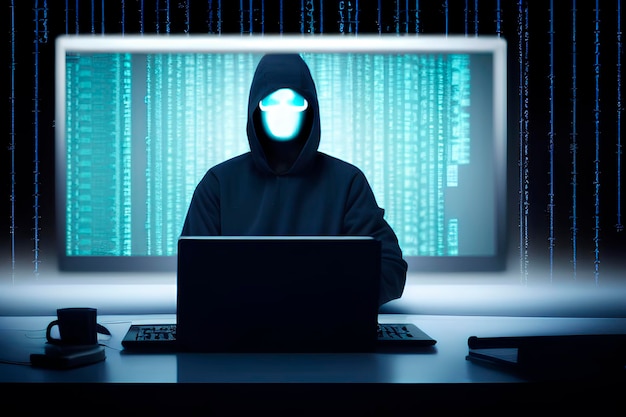 Obraz sztucznej inteligencji hakera cyberprzestępczego przedstawiającego sylwetki i zamaskowane włamanie do systemu komputerowego