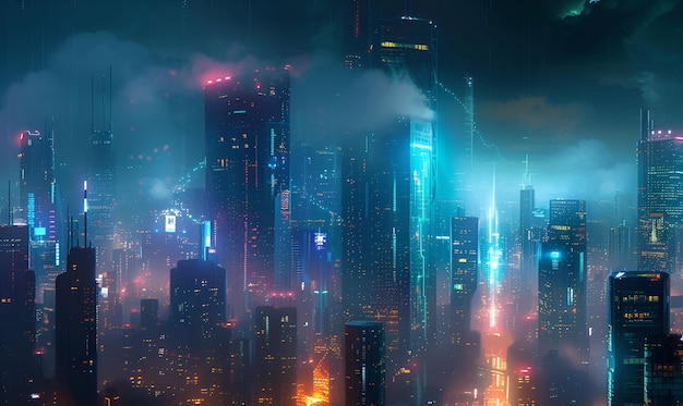 Zdjęcie obraz sztuki skyline miasta cyberpunka