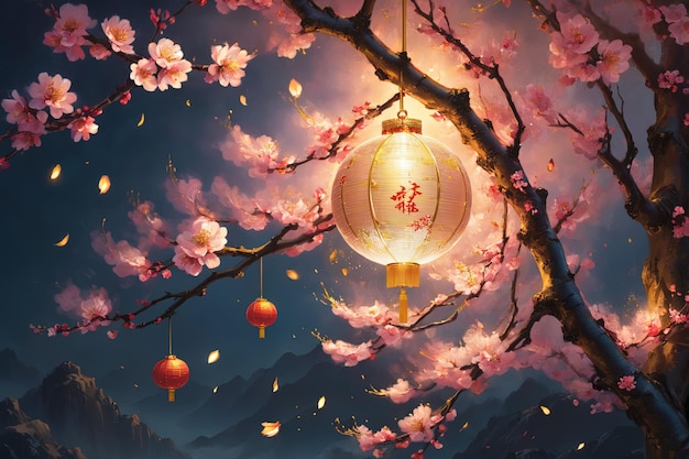 Obraz tła Nowego Roku księżycowego latarni wiszącej na gałęzi brzoskwini w abstrakcyjnym stylu