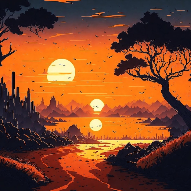 obraz tła wschód słońca kreskówka 2D