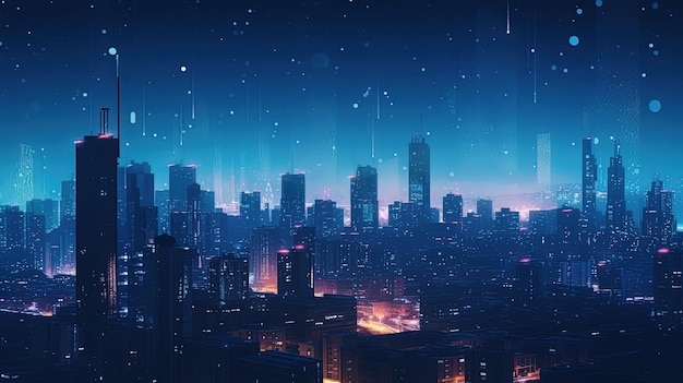 Obraz tła z sylwetką pejzażu miejskiego i gwiazd na niebie w kolorach niebieskim Generative AI