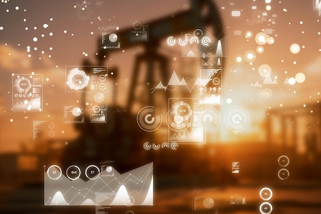 Obraz tła z wirtualnymi ikonami i wykresami na ekranie multimediów Koncepcja ropy i gazu Generacyjna sztuczna inteligencja
