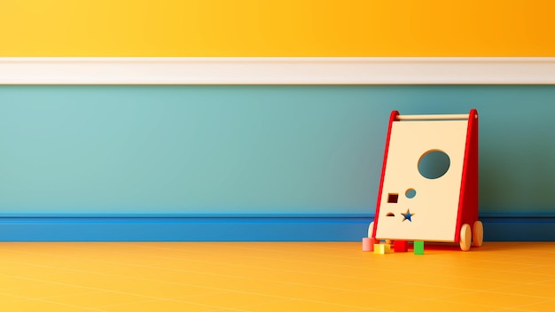 Obraz tła z żółtą kafelkową podłogą miętowo-zieloną i żółtą ścianą Na pierwszym planie znajdują się zabawki dla dzieci Scena 3D