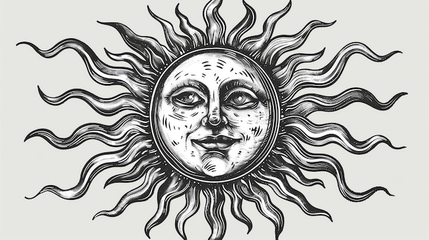 Obraz to czarno-biały rysunek słońca. Ma twarz z szczęśliwym wyrazem twarzy i jest otoczony promieniami.