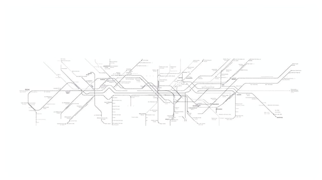 Zdjęcie obraz to czarno-biały schemat systemu metra. linie są ułożone w układzie siatki, a stacje oznaczone są okręgami.