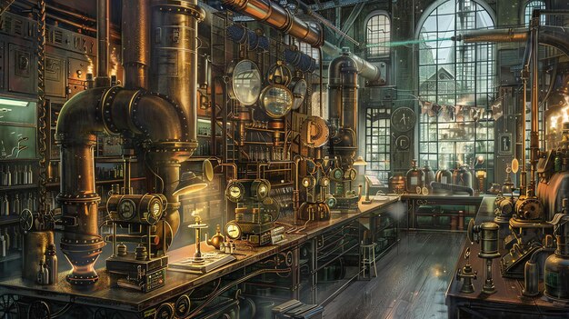 Zdjęcie obraz to laboratorium steampunkowe, pełne dziwnych i cudownych maszyn, które wydają się napędzane parą.