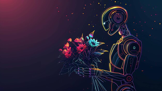 Obraz to mroczna futurystyczna ilustracja robota trzymającego bukiet kwiatów