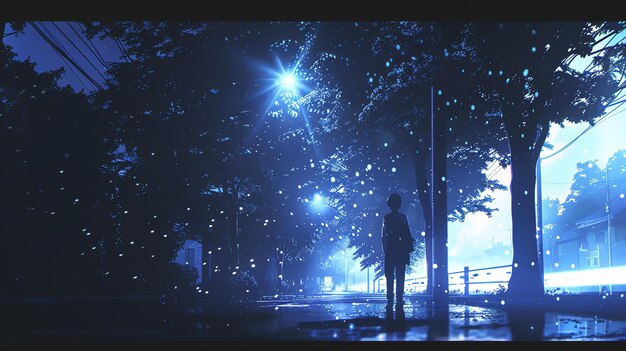 Obraz to nocna scena osoby idącej samotnie po mokrej ulicy
