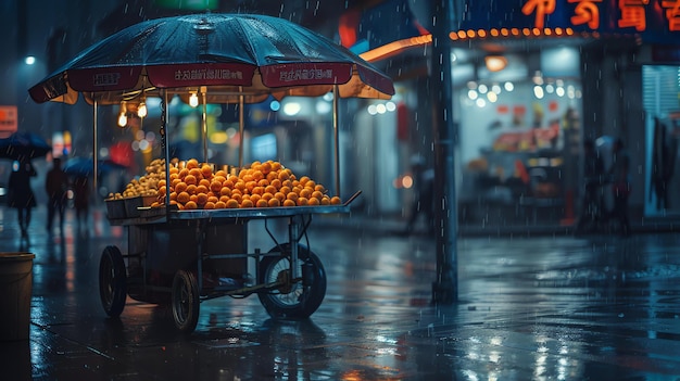 Obraz to nocna scena ulicy w Azji. Deszcz pada i ulica jest mokra.